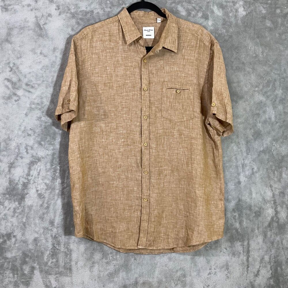 Baird McNutt Murano Tan Short Sleeve Linen-Blend Button Down Shirt